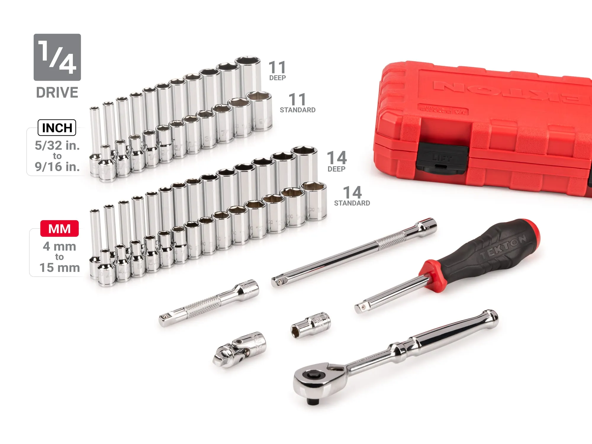 Tekton 1/4", 3/8", 1/2" Drive 6-Point Socket and Ratchet Set with Cases, 212-Piece (5/32" - 1-5/16", 4 - 32 mm) - Image 2